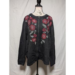 Croft & Barrow Women's Black Embroidered Floral Beaded Zip Up Sweater Size 1X‎
